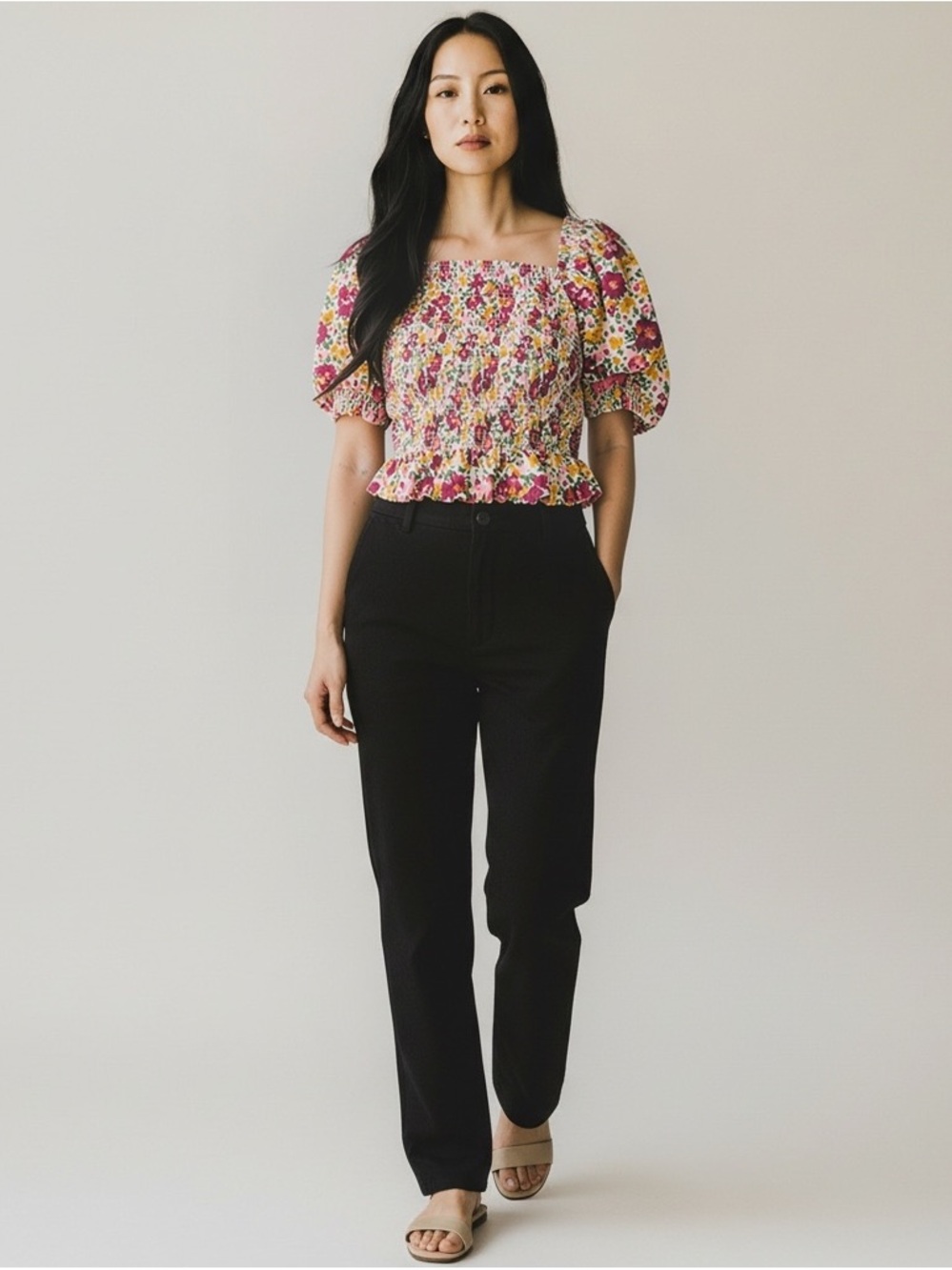 Endless Rose Pink Multi Floral Smocked Puff Sleeve Crop Top